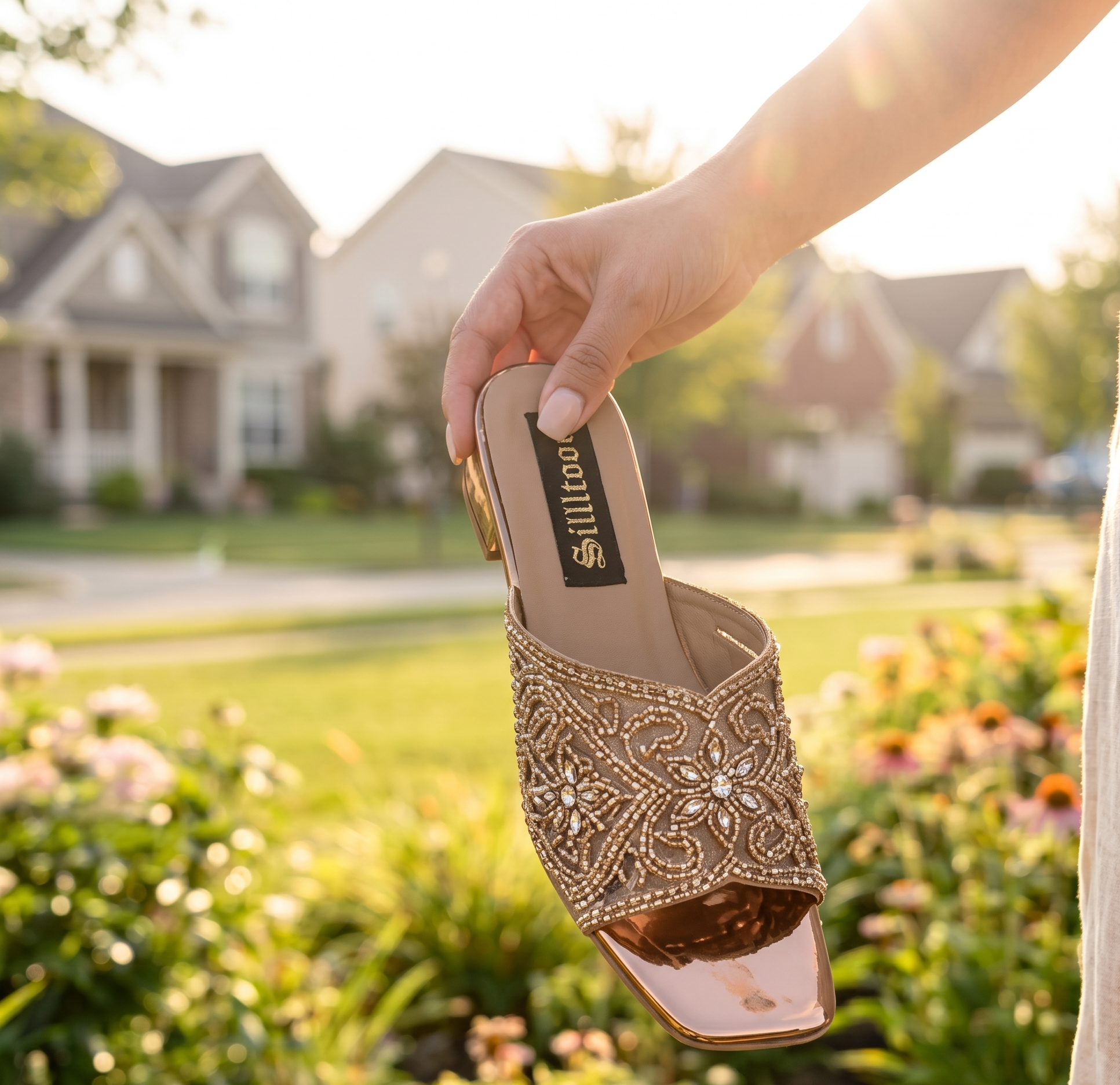Women Rose Gold Embellished Open-Toe Festive Slip-On Sliders