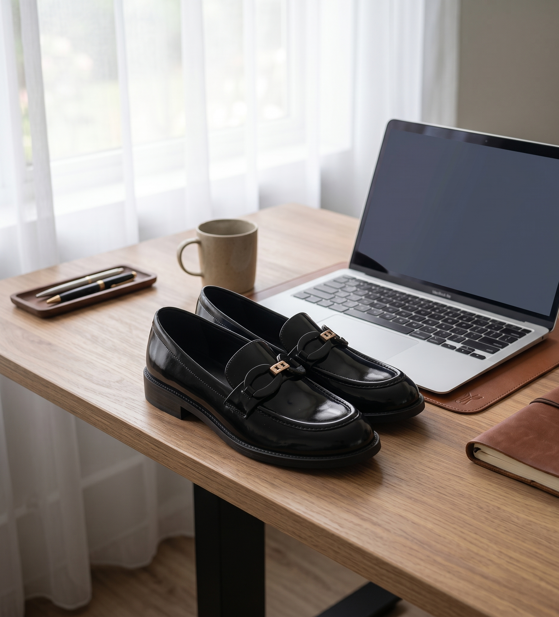 Women Black Patent Slip-On Loafers with Metallic Buckle Detail
