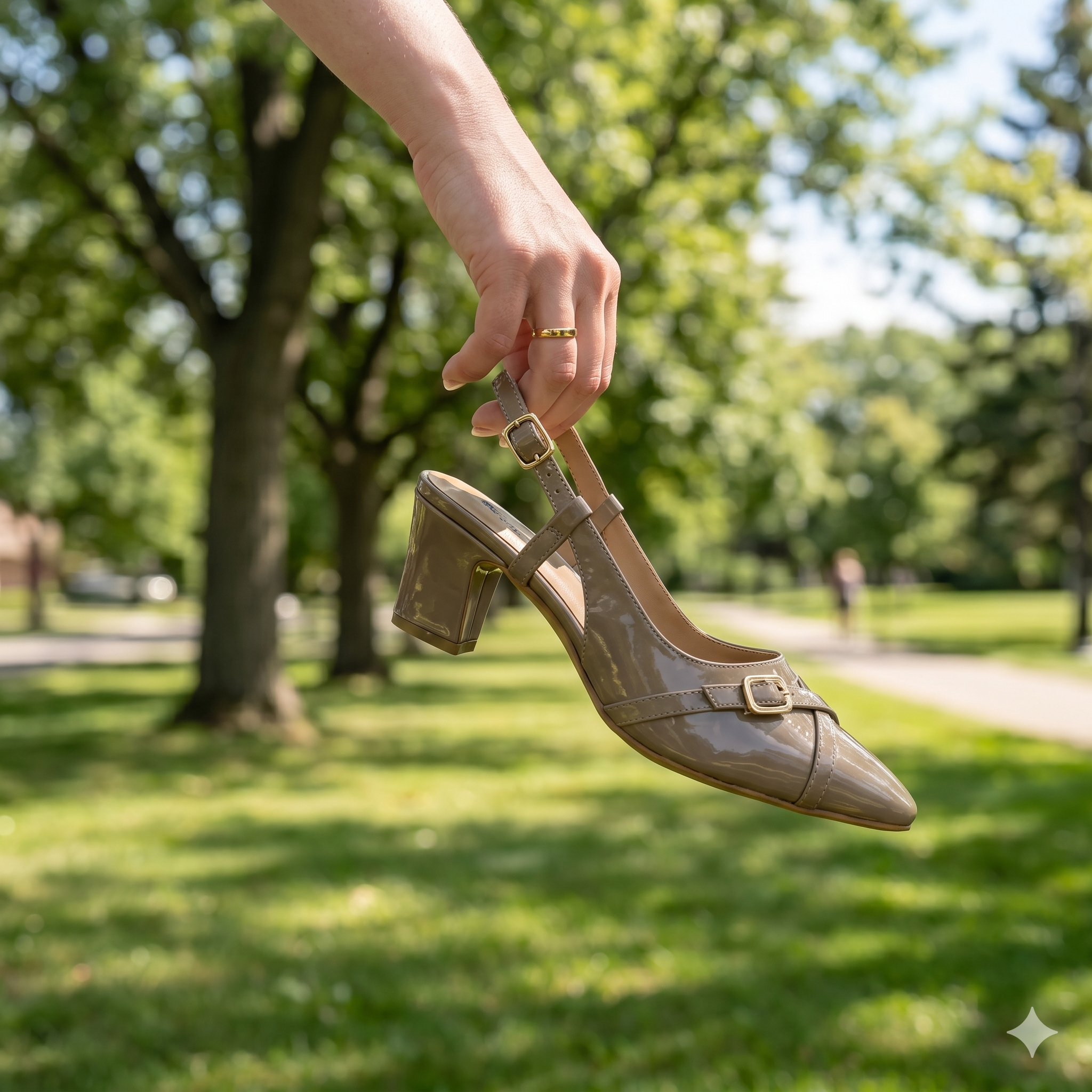 Women Nude Glossy Pointed-Toe Slingback Heel with Buckle Accent
