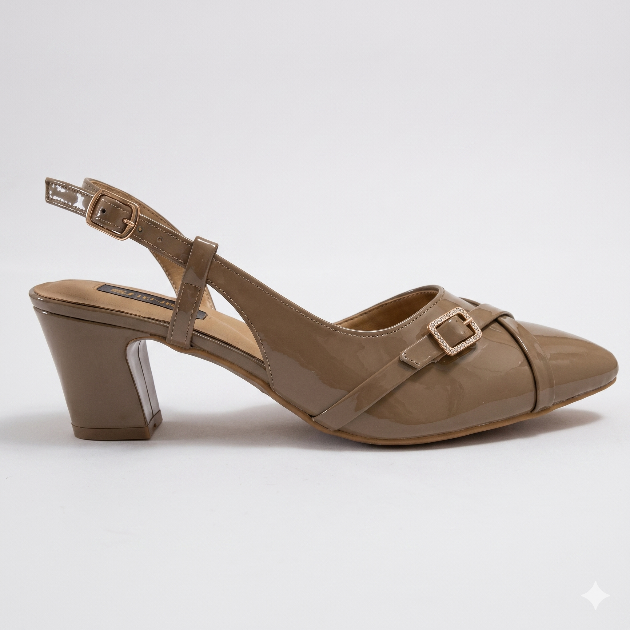 Women Nude Glossy Pointed-Toe Slingback Heel with Buckle Accent