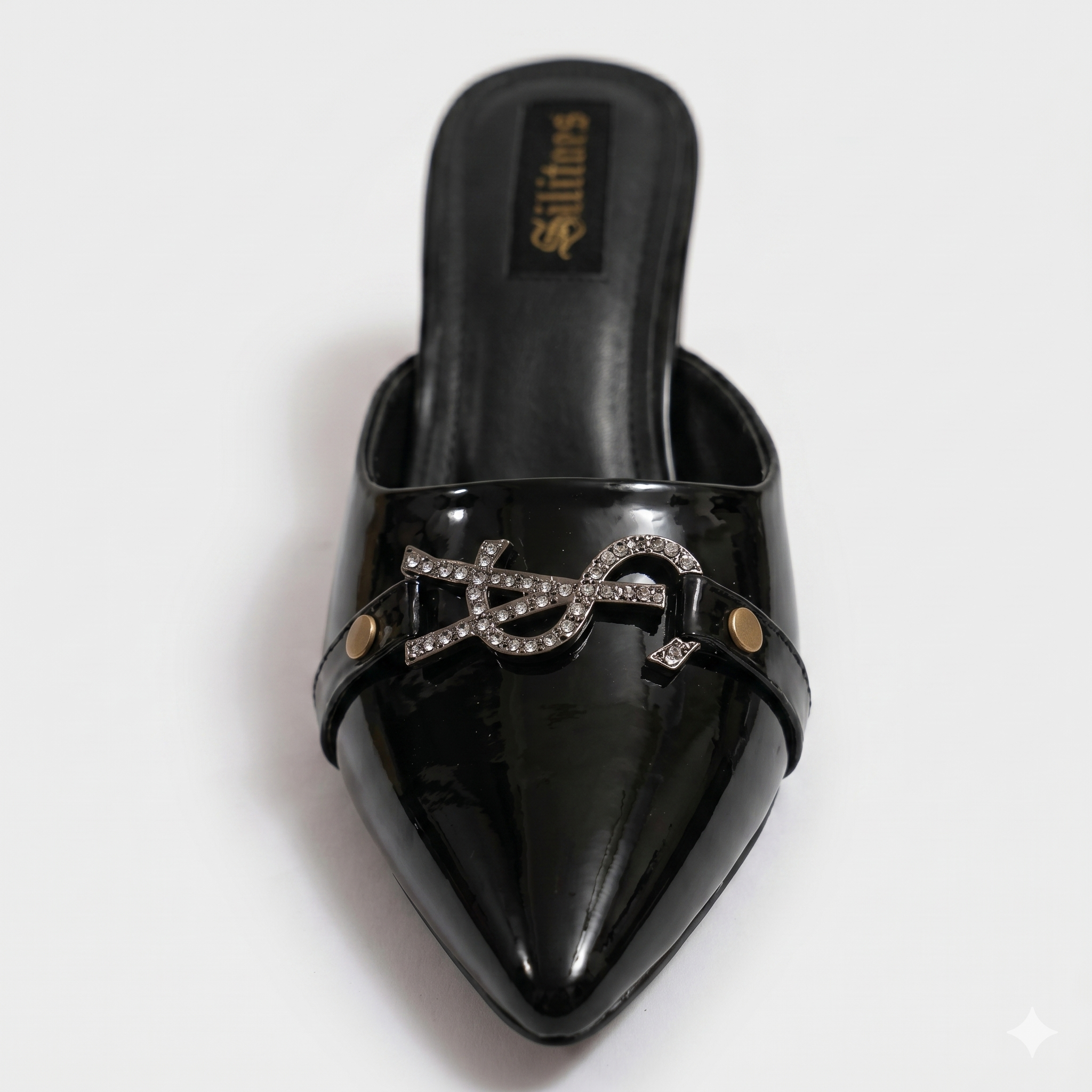SILLITOES Women Glossy Black Pointed-Toe Mules with Rhinestone Accent