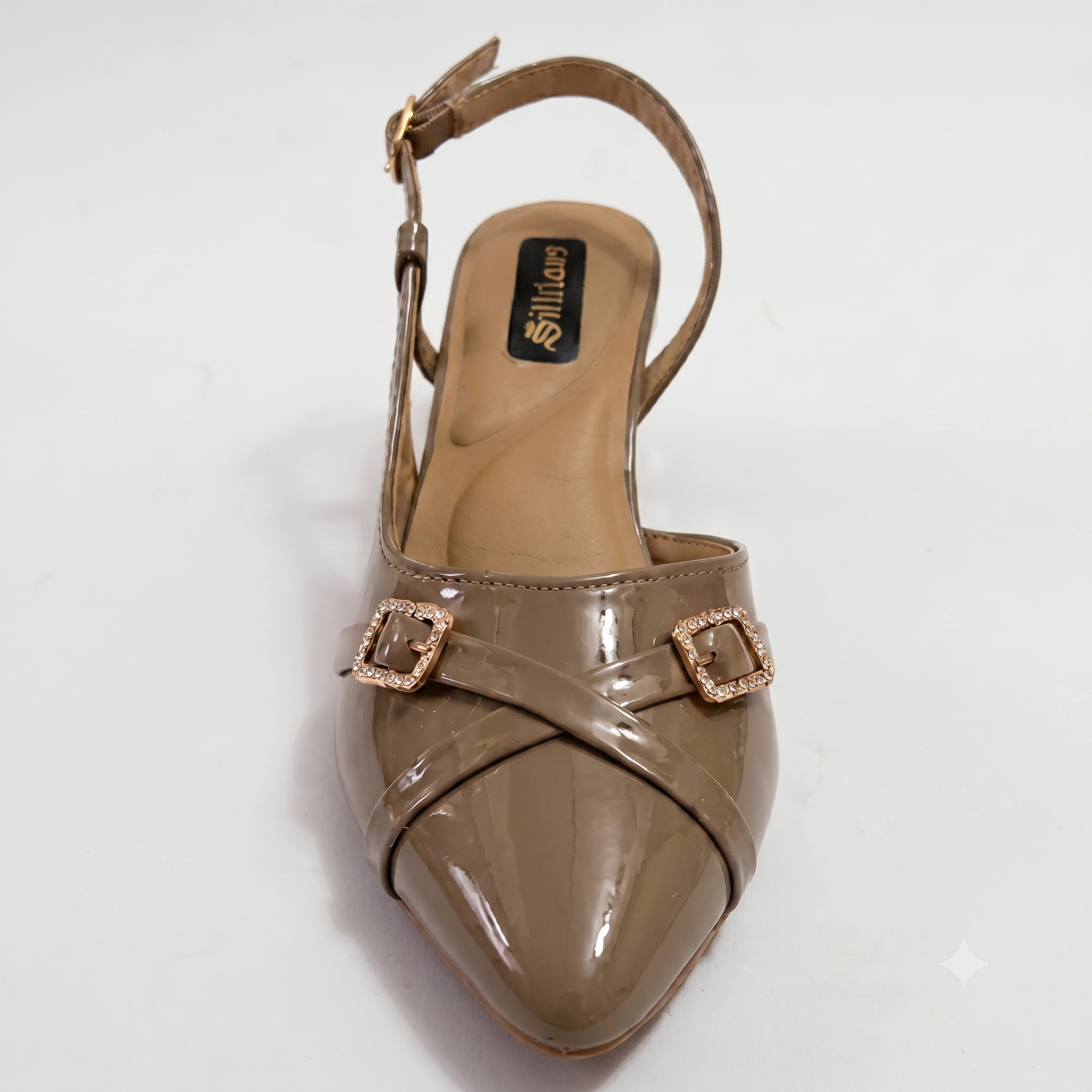 Women Nude Glossy Pointed-Toe Slingback Heel with Buckle Accent