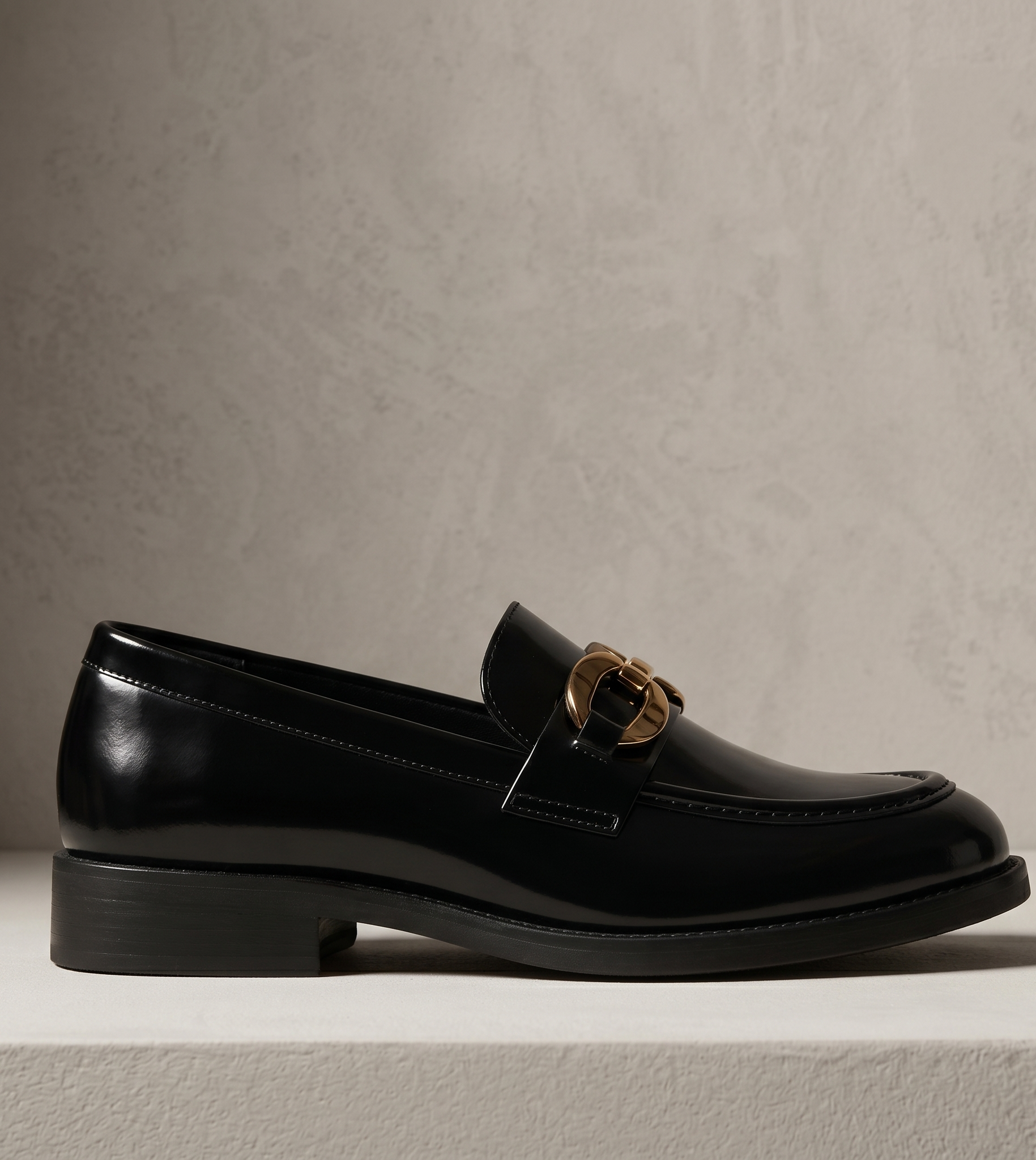 Women Black Patent Slip-On Loafers with Metallic Buckle Detail