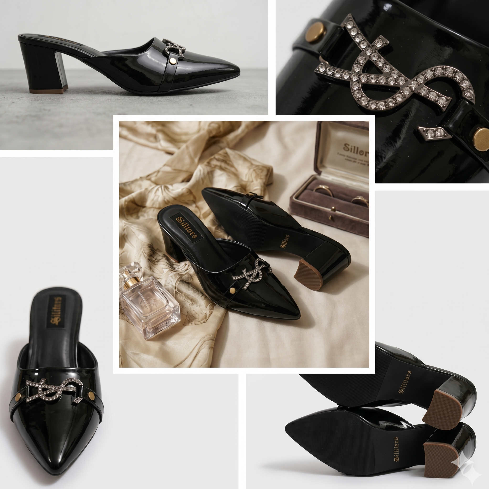 SILLITOES Women Glossy Black Pointed-Toe Mules with Rhinestone Accent