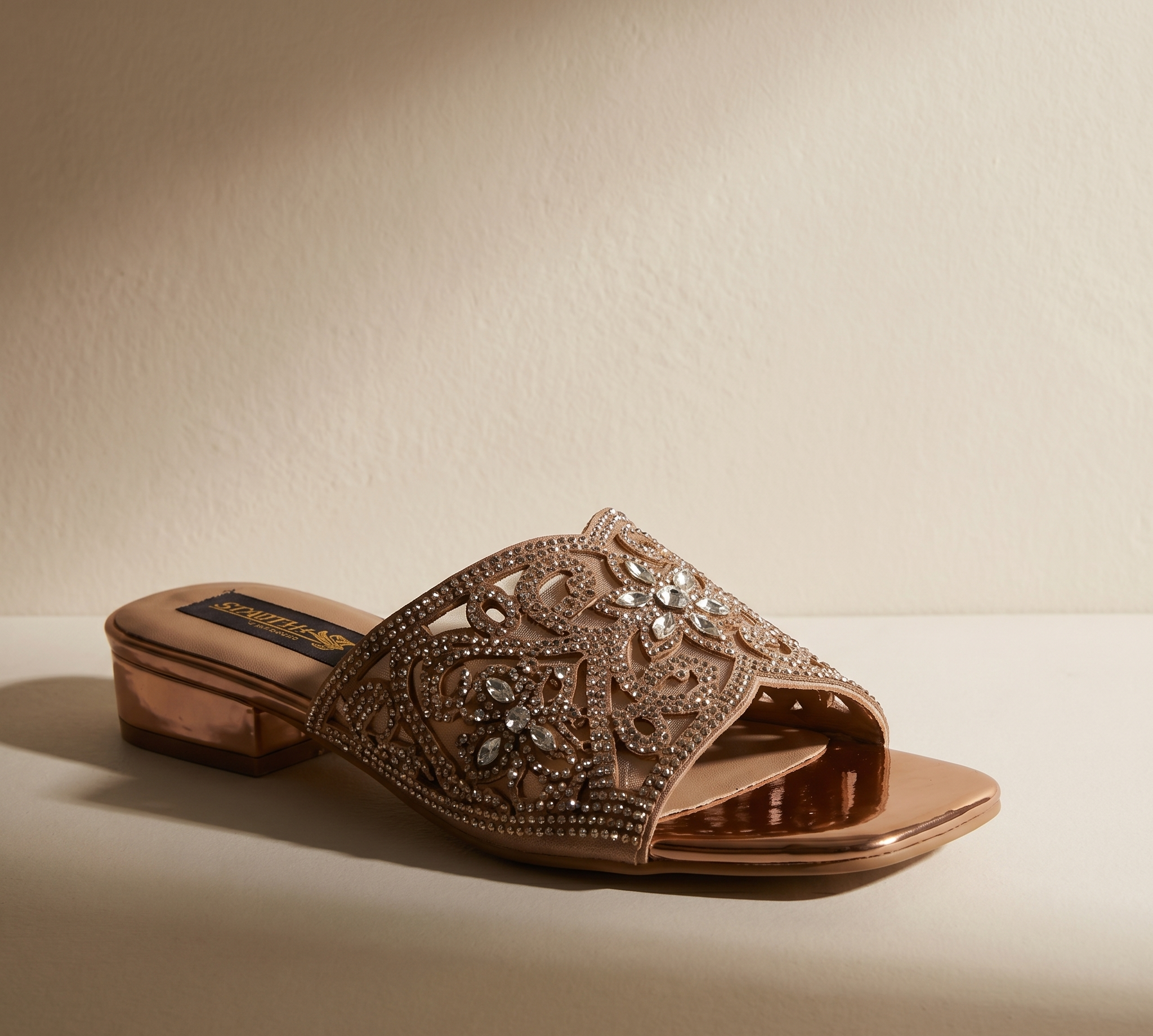 Women Rose Gold Embellished Open-Toe Festive Slip-On Sliders