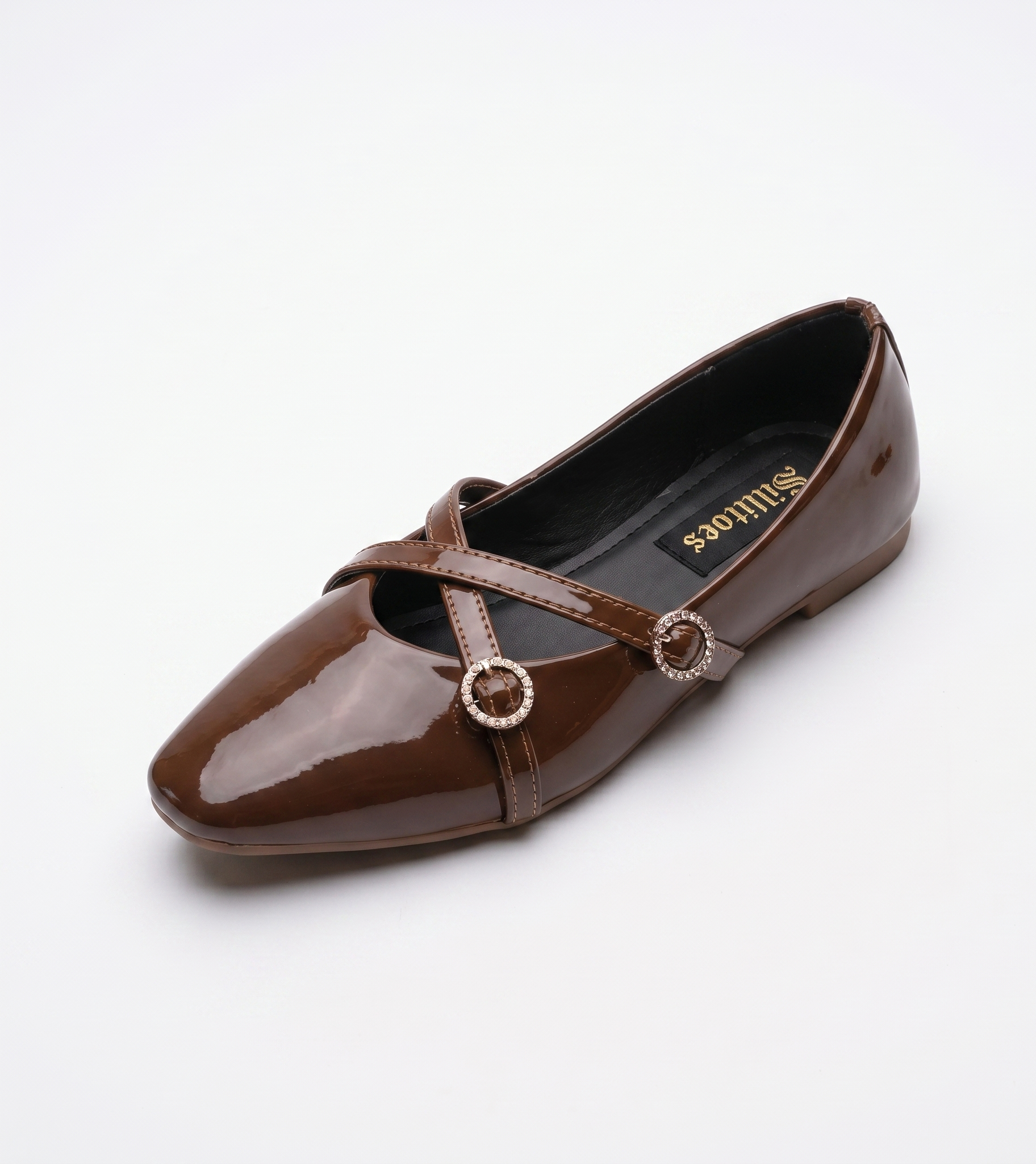 Women Dark Brown Glossy Crossover Strap Ballerinas with Rhinestone Buckles belly