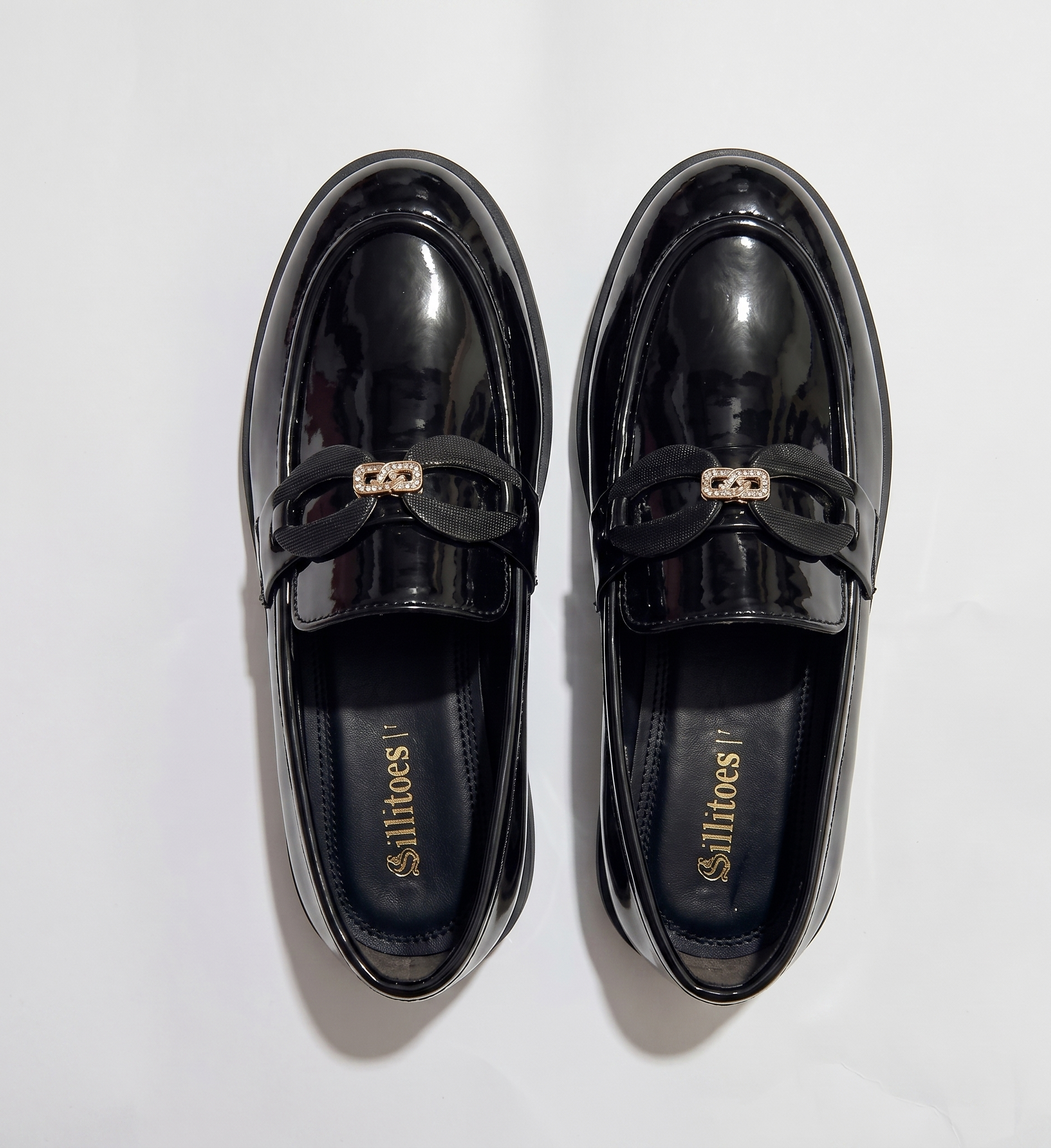 Women Black Patent Slip-On Loafers with Metallic Buckle Detail