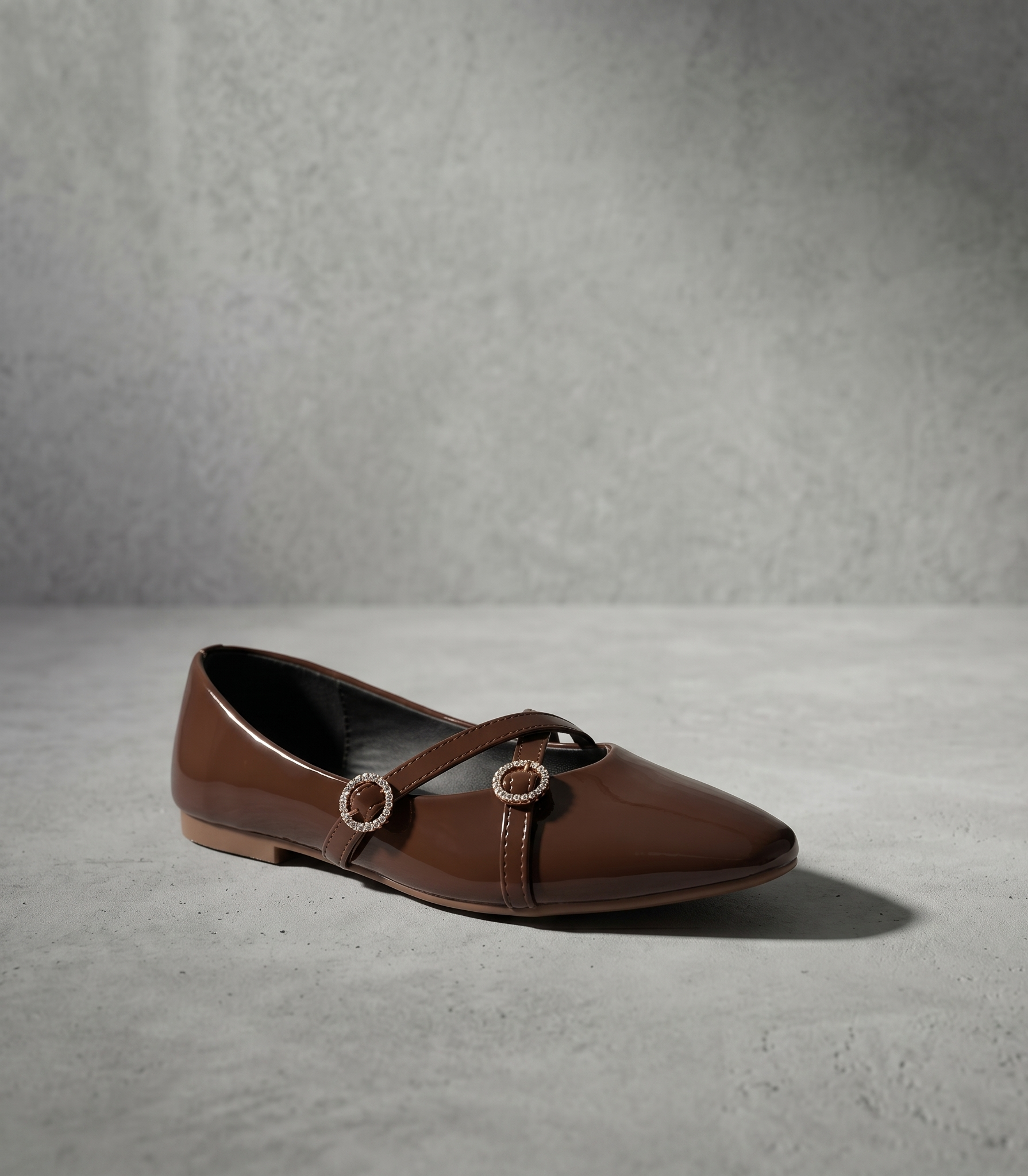 Women Dark Brown Glossy Crossover Strap Ballerinas with Rhinestone Buckles belly