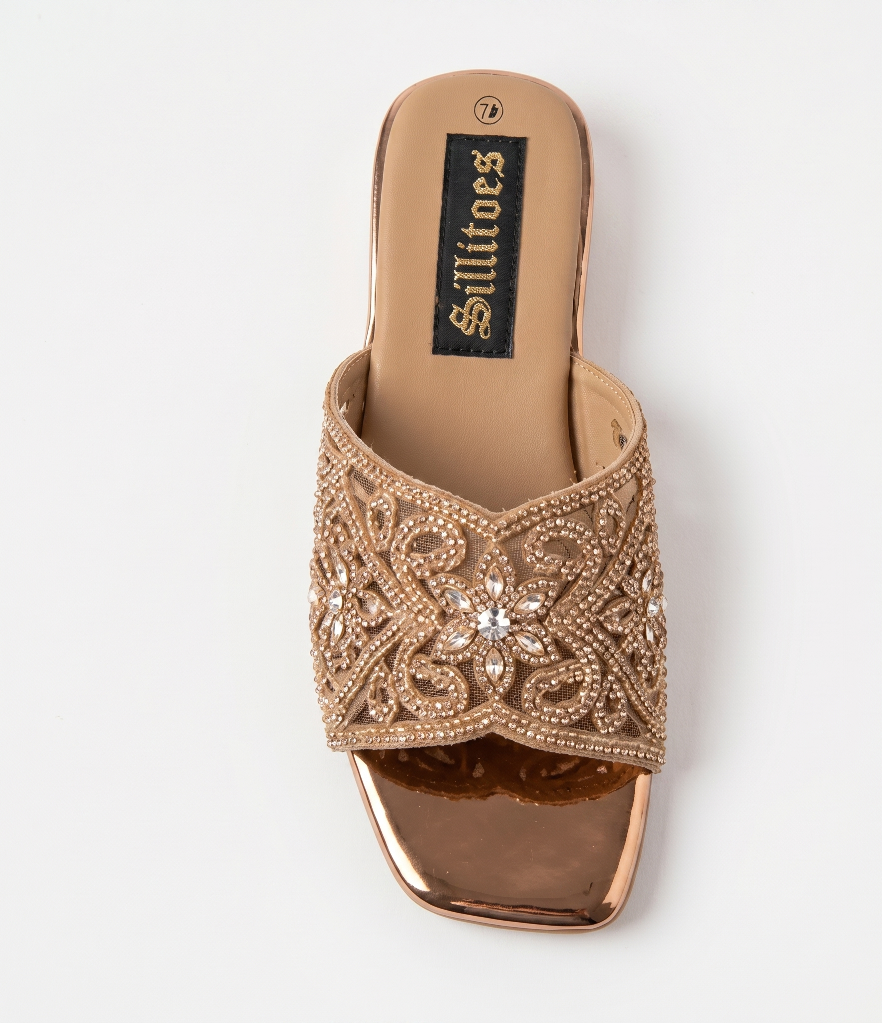 Women Rose Gold Embellished Open-Toe Festive Slip-On Sliders