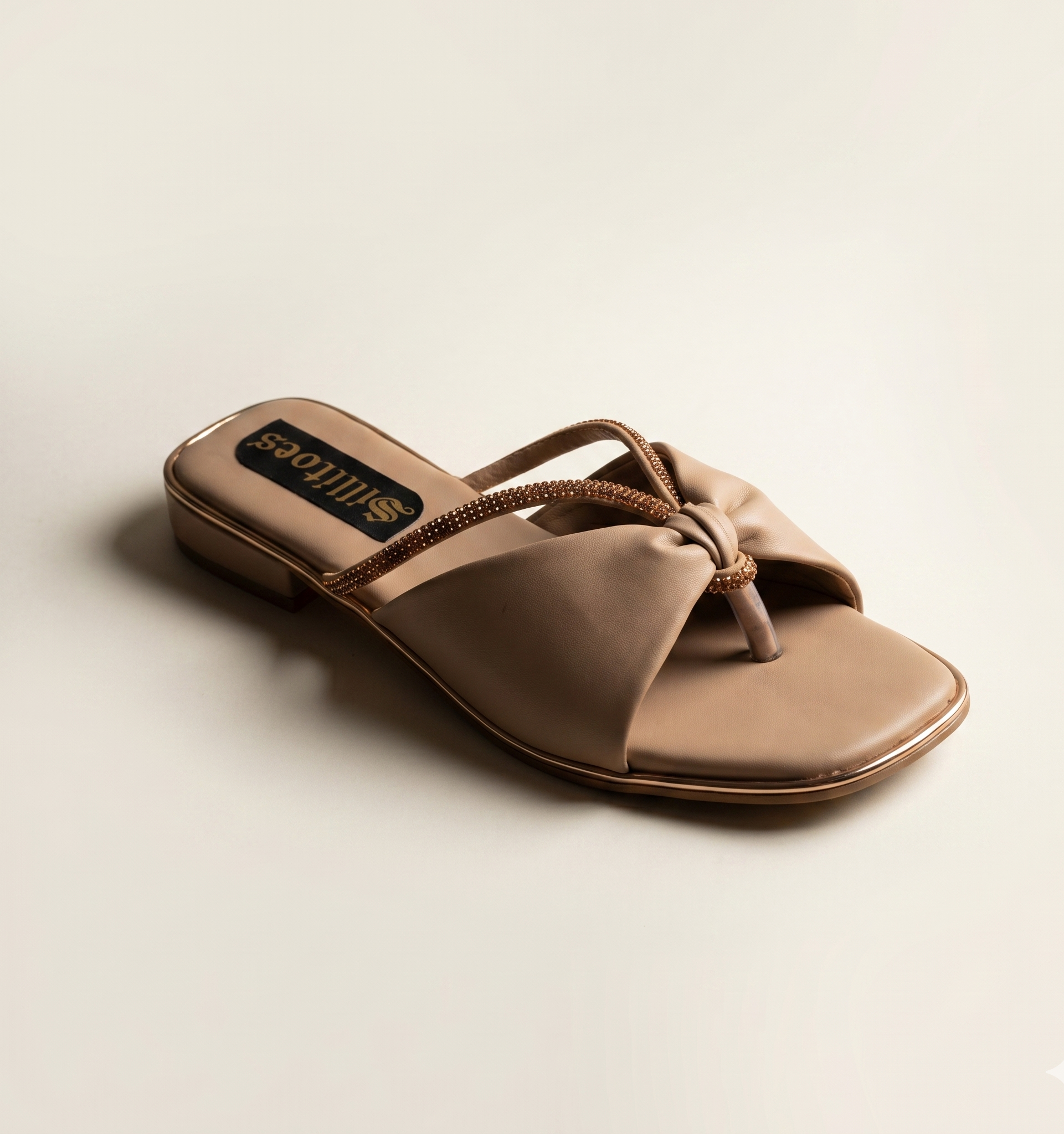 Women Beige Knotted T-Strap Square-Toe Flat Sandals