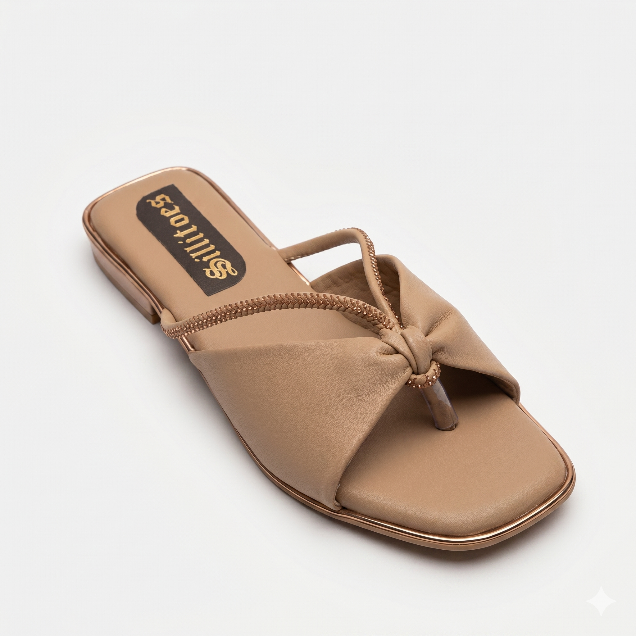 Women Beige Knotted T-Strap Square-Toe Flat Sandals