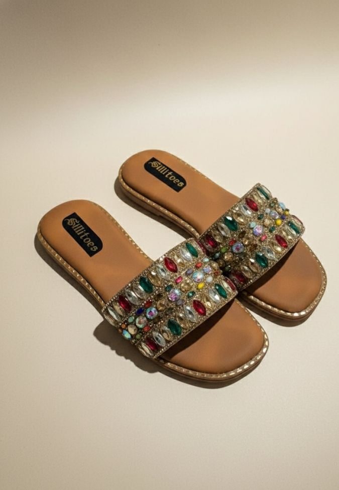 Multicolour jewel embellished tan brown flats