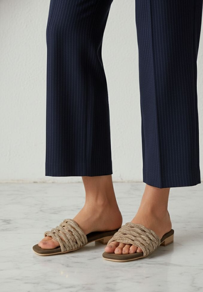 Chic slides with a multi-strand braided strap with 1 inch heel