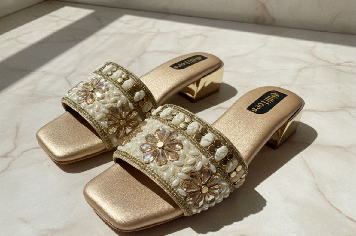 Embellished Gold Block Heels