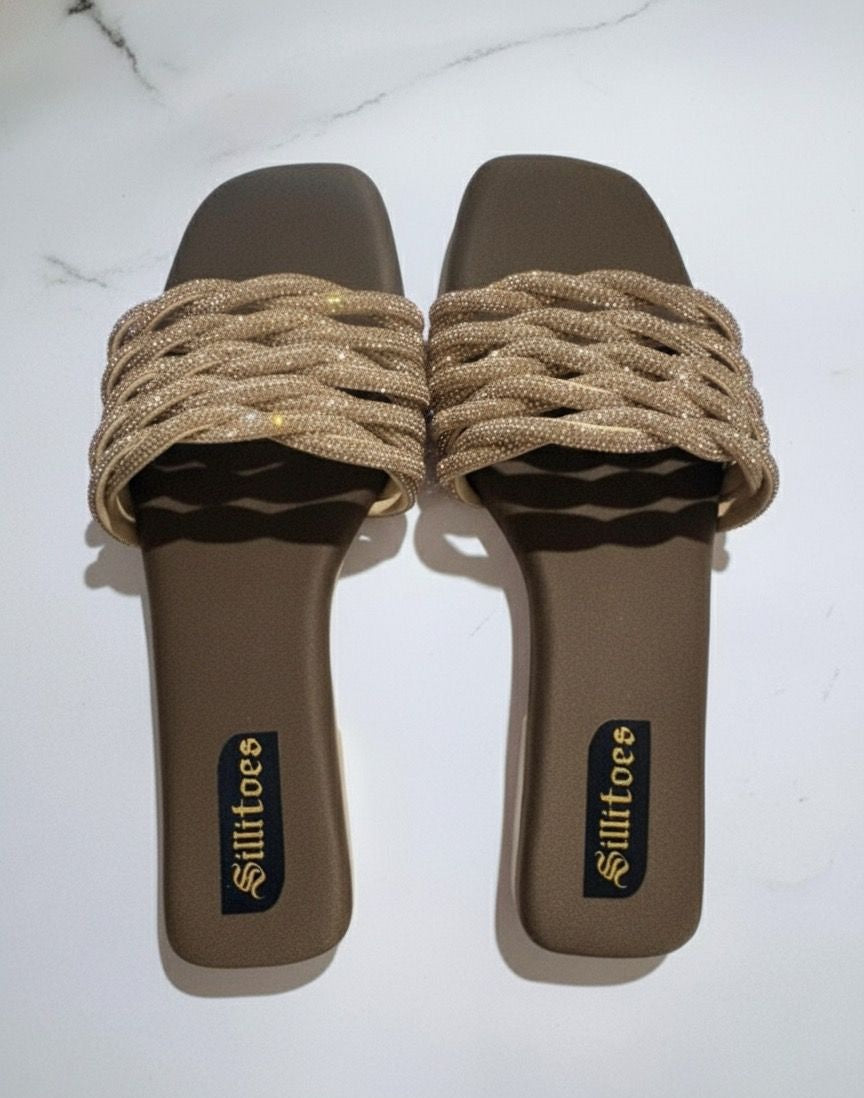 Chic slides with a multi-strand braided strap with 1 inch heel