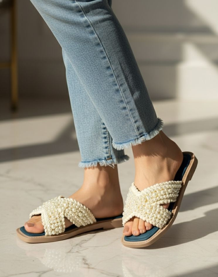 White pearl criss-cross strap flats