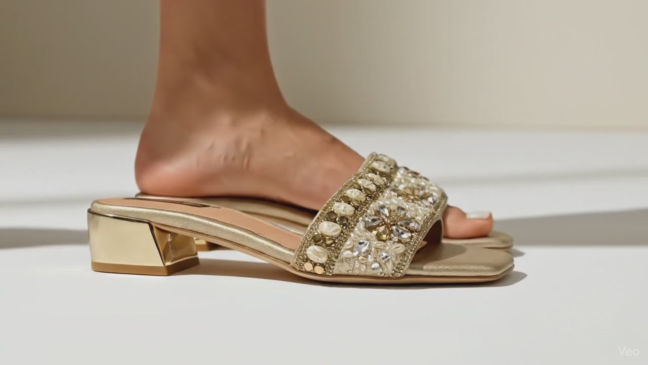 Embellished Gold Block Heels